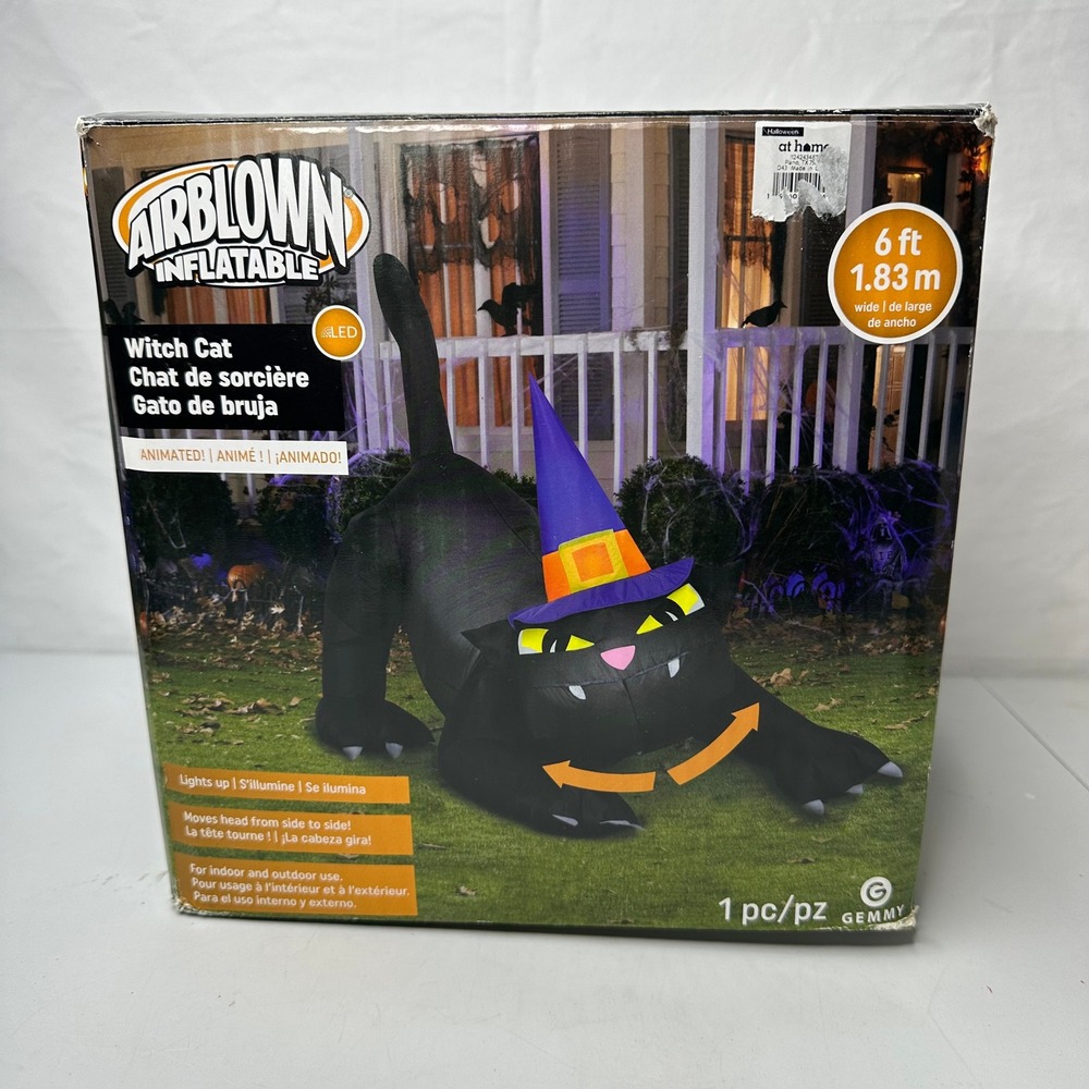 AIRBLOWN Inflatable Witch Cat Halloween Decoration Lights Up Moves Head 6ft Wide
